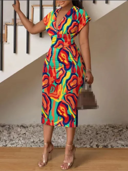 Robe mi-longue sexy imprimée à col en V – Image 2